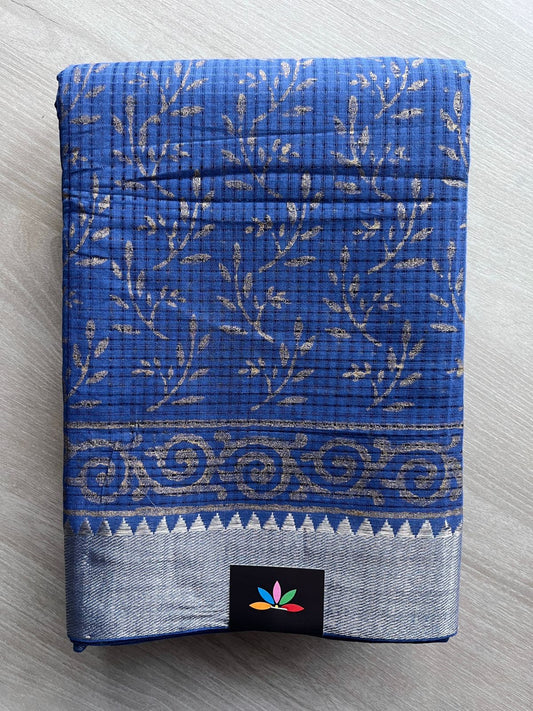 Sapphire Blue Handblock Printed Handloom Mangalagiri Cotton Saree - 32109