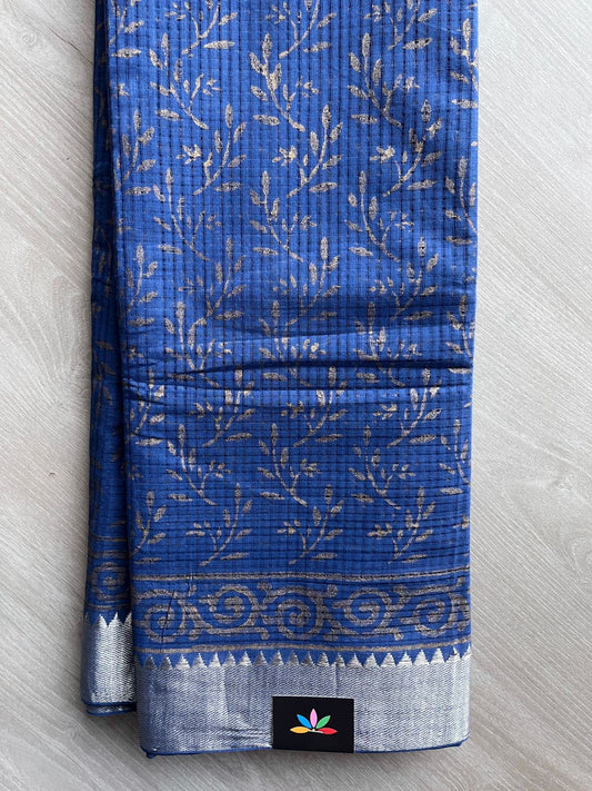 Sapphire Blue Handblock Printed Handloom Mangalagiri Cotton Saree - 32109