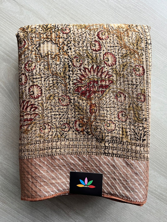 Satin Beige Floral Handblock Printed Handloom Mangalagiri Cotton Saree - 32110
