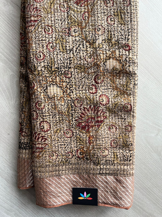 Satin Beige Floral Handblock Printed Handloom Mangalagiri Cotton Saree - 32110