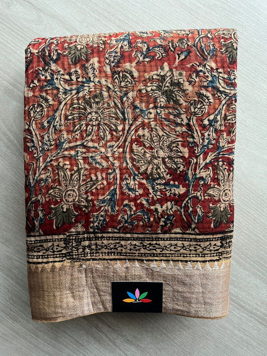 Vermilion Shade Floral Handblock Printed Handloom Mangalagiri Cotton Saree - 32112