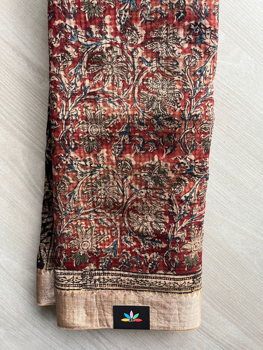 Vermilion Shade Floral Handblock Printed Handloom Mangalagiri Cotton Saree - 32112