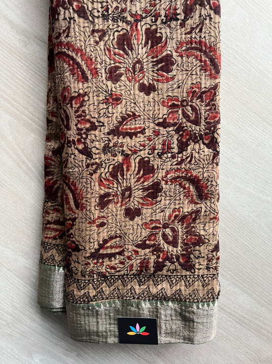 Original Beige Floral Handblock Printed Handloom Mangalagiri Cotton Saree - 32113