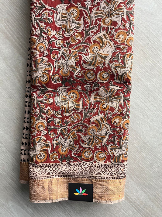 Deep Maroon Floral Handblock Printed Handloom Mangalagiri Cotton Saree - 32114