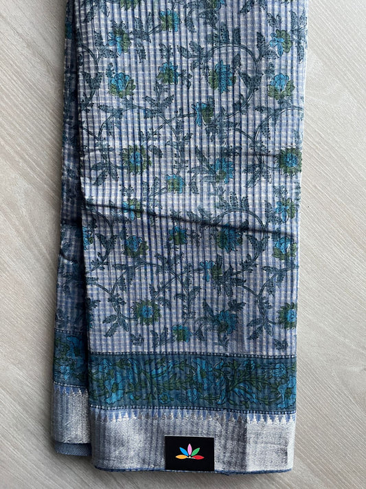 Blue Grey Handblock Printed Handloom Mangalagiri Cotton Saree - 32115