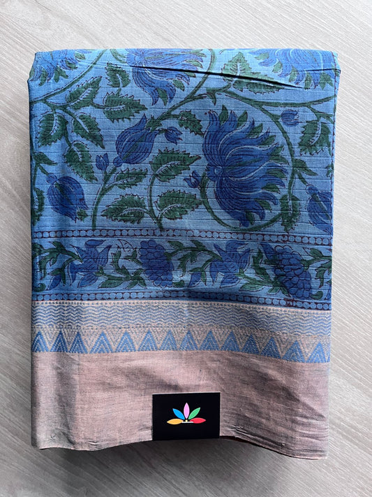 Blue Jay Handblock Printed Handloom Mangalagiri Cotton Saree - 32117