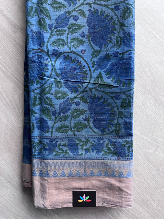 Blue Jay Handblock Printed Handloom Mangalagiri Cotton Saree - 32117