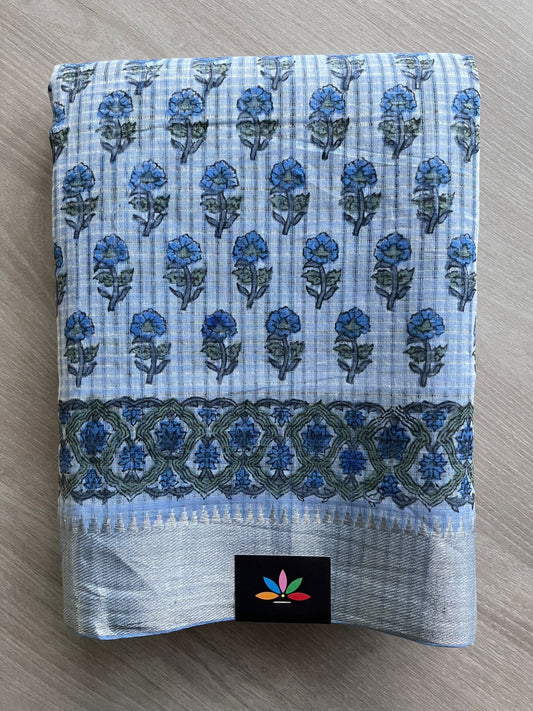 Light Cobalt Blue Handblock Printed Handloom Mangalagiri Cotton Saree - 32118