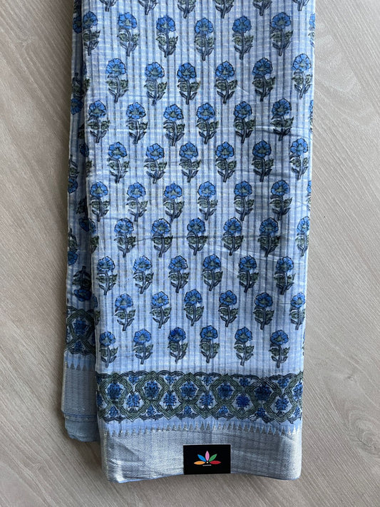 Light Cobalt Blue Handblock Printed Handloom Mangalagiri Cotton Saree - 32118