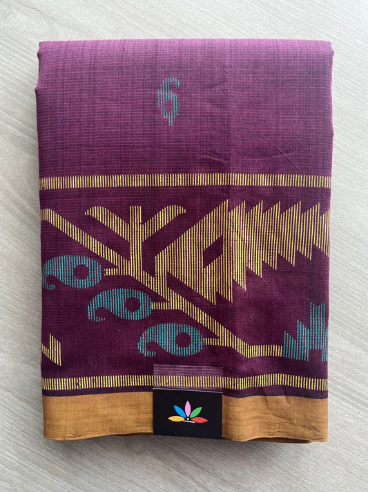 Magenta Purple Dhakai Jamdani Design Printed Handloom Mangalgiri Cotton Saree - 32155