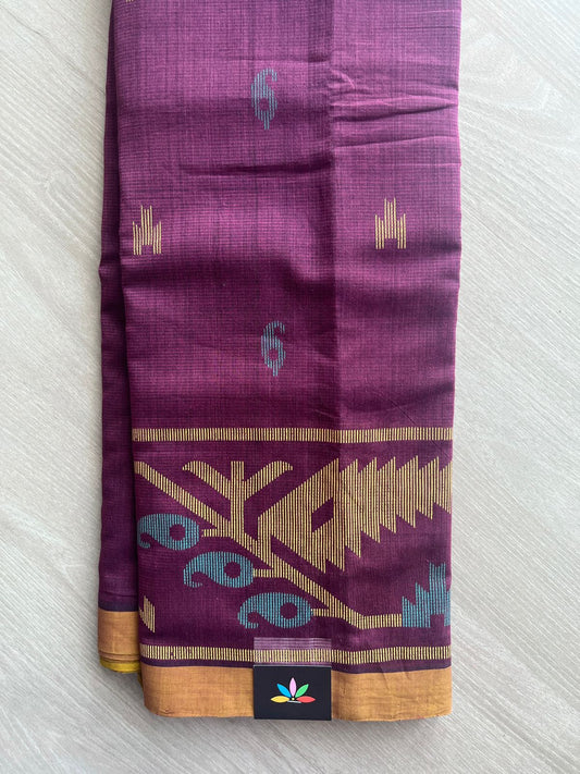 Magenta Purple Dhakai Jamdani Design Printed Handloom Mangalgiri Cotton Saree - 32155