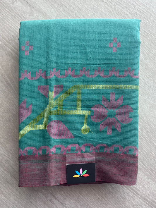 Teal Green Dhakai Jamdani Design Printed Handloom Mangalgiri Cotton Saree - 32156