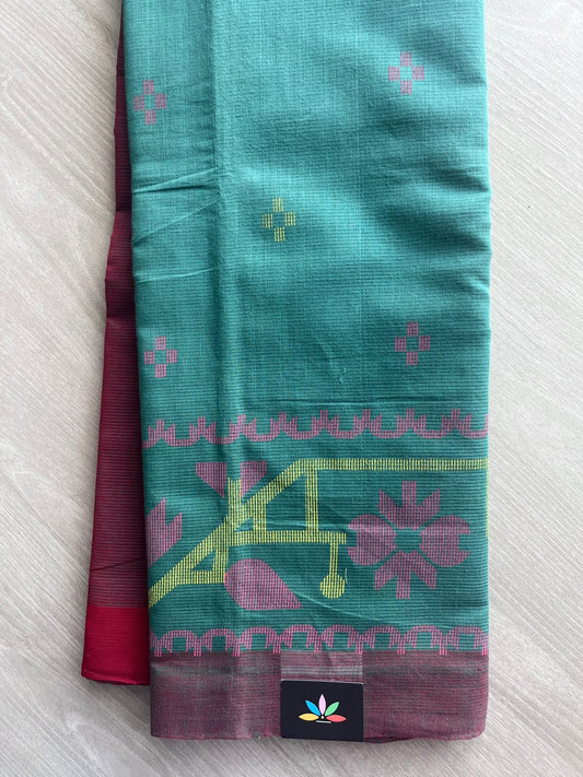 Teal Green Dhakai Jamdani Design Printed Handloom Mangalgiri Cotton Saree - 32156