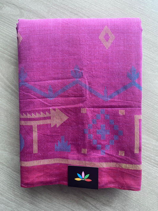 Magenta Pink Dhakai Jamdani Design Printed Handloom Mangalgiri Cotton Saree - 32157