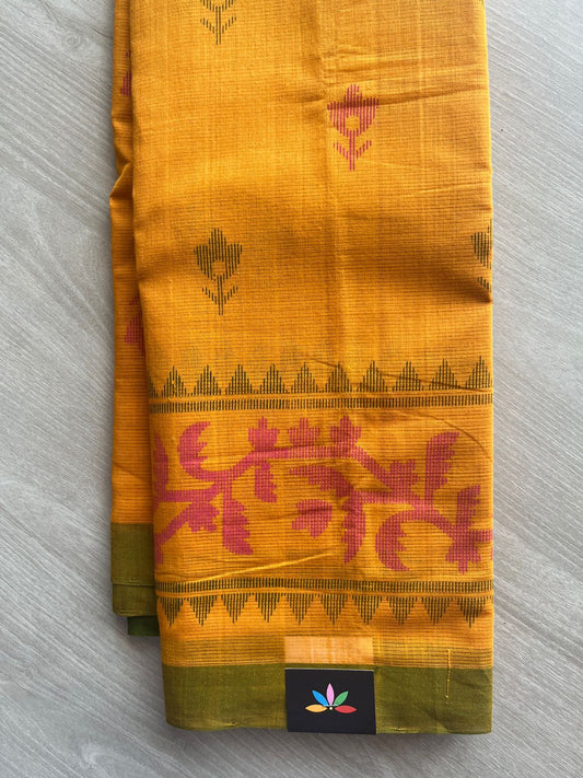 Mustard Yellow Dhakai Jamdani Design Printed Handloom Mangalgiri Cotton Saree - 32158