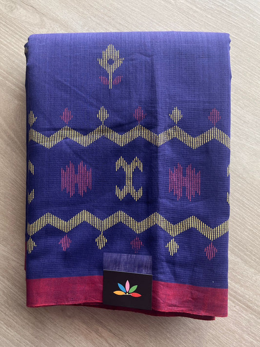 Deep Indigo Blue Dhakai Jamdani Design Printed Handloom Mangalgiri Cotton Saree - 32159