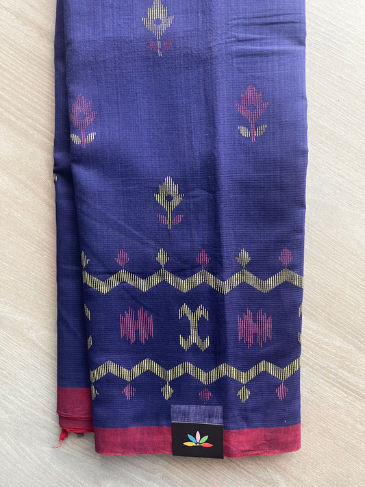 Deep Indigo Blue Dhakai Jamdani Design Printed Handloom Mangalgiri Cotton Saree - 32159