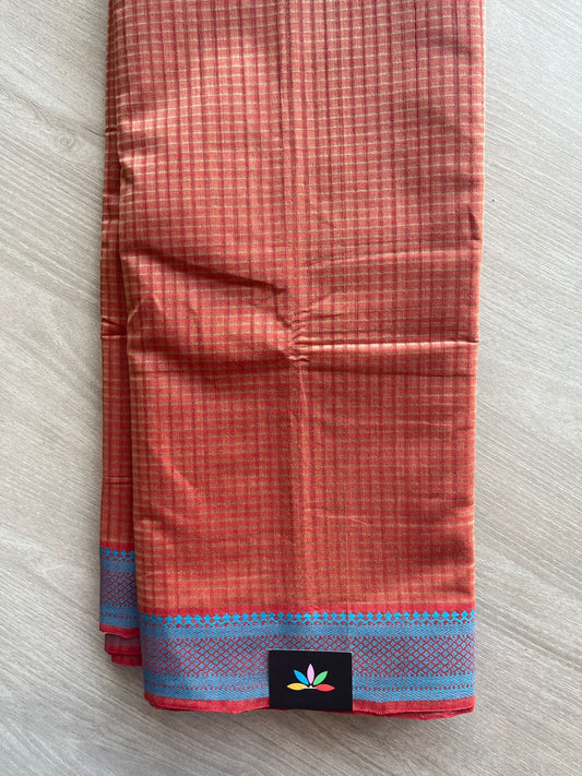 Rust Orange Thread Border Handloom Mangalagiri Cotton Saree - 32164