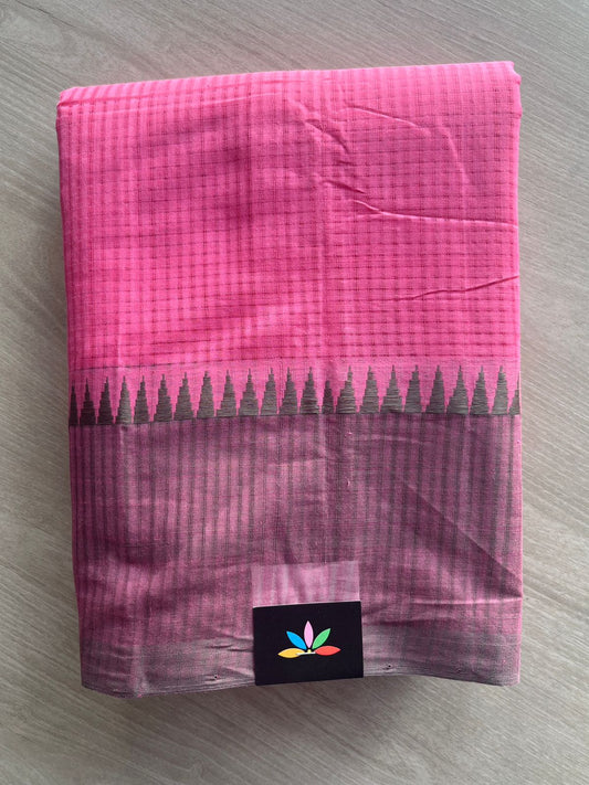 France Pink Temple Border Handloom Mangalagiri Cotton Saree - 32173