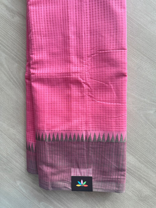 France Pink Temple Border Handloom Mangalagiri Cotton Saree - 32173