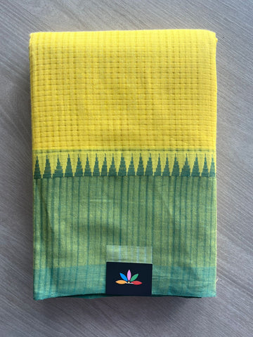Bright Yellow Temple Border Handloom Mangalagiri Cotton Saree - 32174