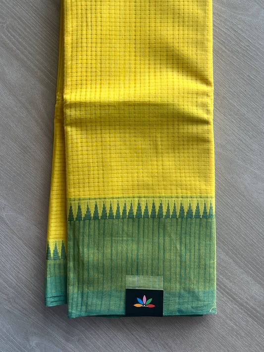 Bright Yellow Temple Border Handloom Mangalagiri Cotton Saree - 32174