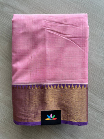 Cotton Candy Pink Traditional Zari Border Handloom Mangalagiri Cotton Saree - 32190