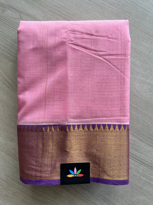 Cotton Candy Pink Traditional Zari Border Handloom Mangalagiri Cotton Saree - 32190