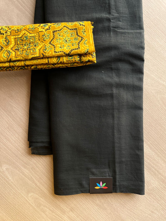 Black Plain Mul Saree and  Handblock Blouse Fabric – Casual/Work Wear-24304-24308