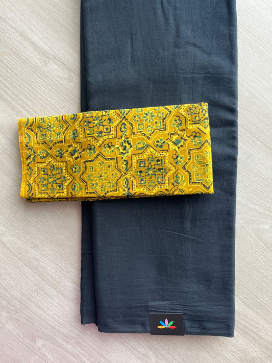 Black Plain Mul Saree and  Handblock Blouse Fabric – Casual/Work Wear-24304-24308