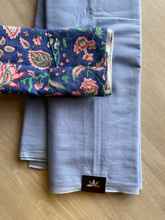 Periwinkle Blue Plain Mul Saree and  Handblock Blouse Fabric – Casual/Work Wear-24309-24313