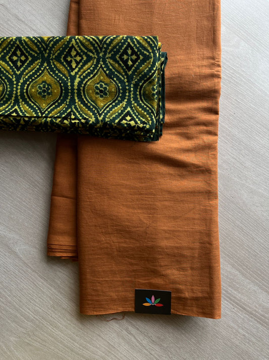 Warm Burnt Orange Plain Mul Saree and  Handblock Blouse Fabric – Casual/Work Wear-24314-24318