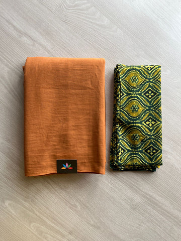 Warm Burnt Orange Plain Mul Saree and  Handblock Blouse Fabric – Casual/Work Wear-24314-24318