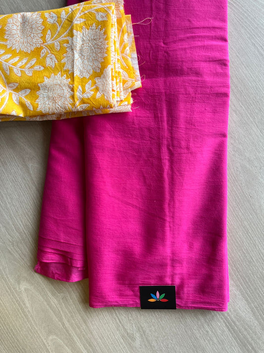 Fuchsia Pink Plain Mul Saree and  Handblock Blouse Fabric –Casual/Work Wear-24319-24323