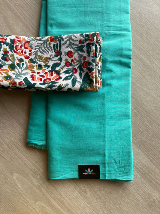 Turquoise Blue Plain Mul Saree and  Handblock Blouse Fabric –Casual/Work Wear-24324-24328