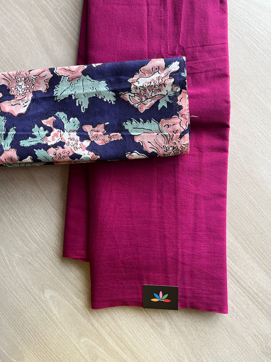 Deep Magenta Plain Mul Saree and  Handblock Blouse Fabric –Casual/Work Wear-24329-24333
