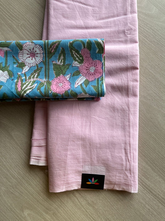 Soft Pastel Pink Plain Mul Saree and  Handblock Blouse Fabric – Casual/Work Wear-24334-24338