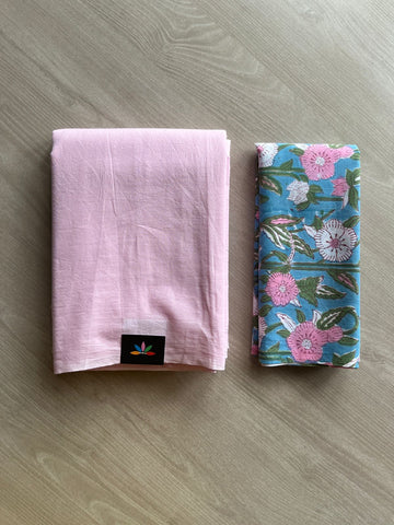 Soft Pastel Pink Plain Mul Saree and  Handblock Blouse Fabric – Casual/Work Wear-24334-24338