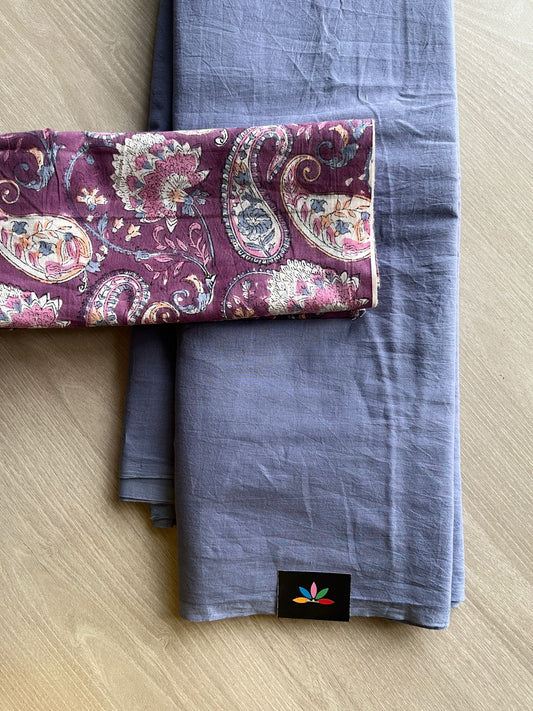 Lavender Blue Plain Mul Saree and  Handblock Blouse Fabric – Casual/Work Wear-24339-24343