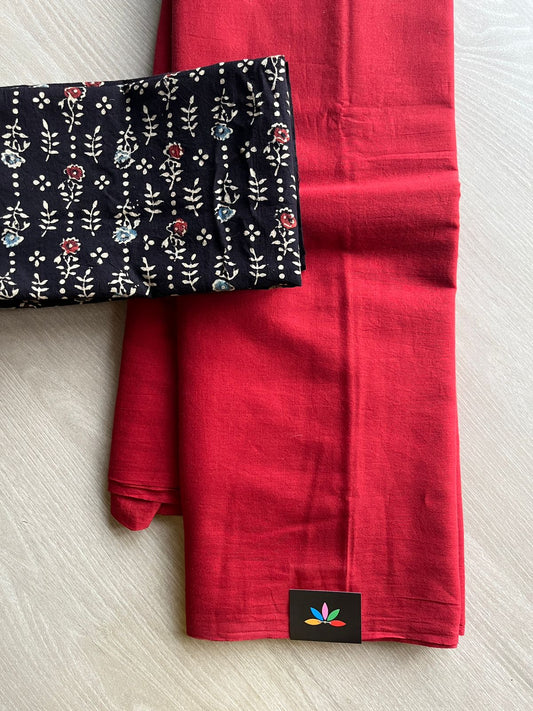 Crimson Red Plain Mul Saree and  Handblock Blouse Fabric – Casual/Work Wear-24344-24346