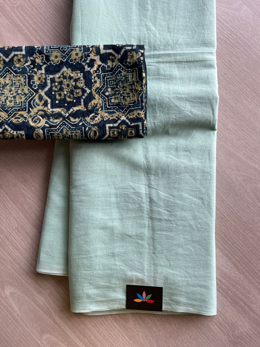 Mint Green Plain Mul Saree and  Handblock Blouse Fabric – Casual/Work Wear-24347-24351
