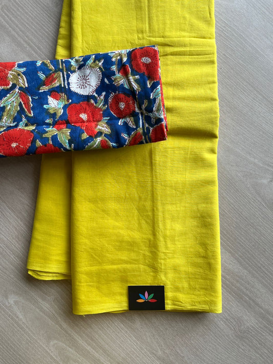 Canary Yellow Plain Mul Saree and  Handblock Blouse Fabric – Casual/Work Wear-24352-24356