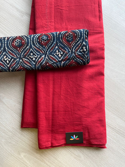 Crimson Red Plain Mul Saree and  Handblock Blouse Fabric – Casual/Work Wear-24357-24358