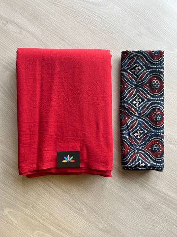 Crimson Red Plain Mul Saree and  Handblock Blouse Fabric – Casual/Work Wear-24357-24358