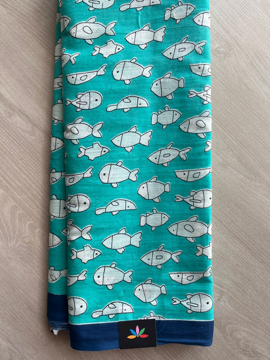 Bright Turquoise Quirky Printed Mul Cotton Saree- 29739-29743
