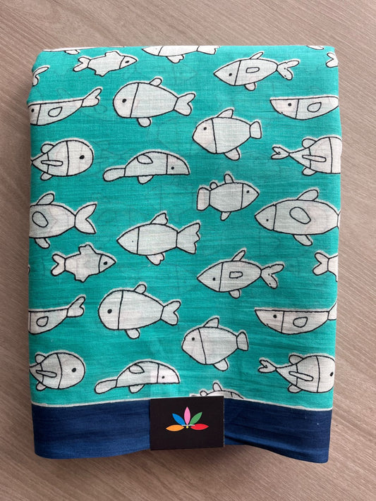 Bright Turquoise Quirky Printed Mul Cotton Saree- 29739-29743