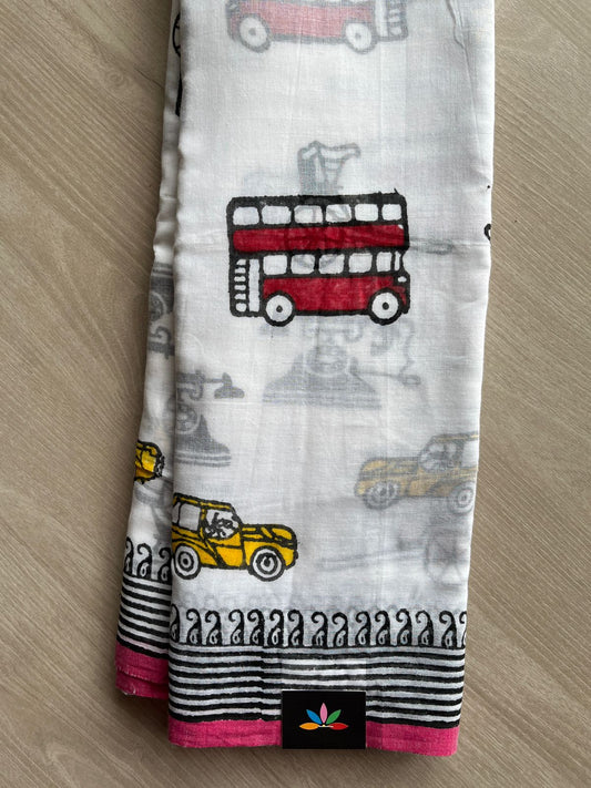 White Printed Mul Cotton Saree (Without blouse)-31027