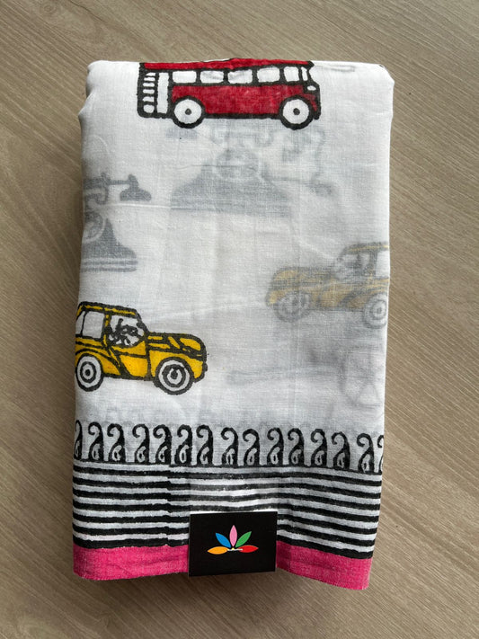 White Printed Mul Cotton Saree (Without blouse)-31027