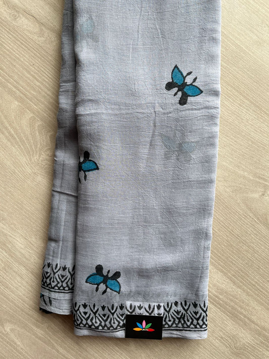 Gray Printed Mul Cotton Saree (Without blouse)-31028