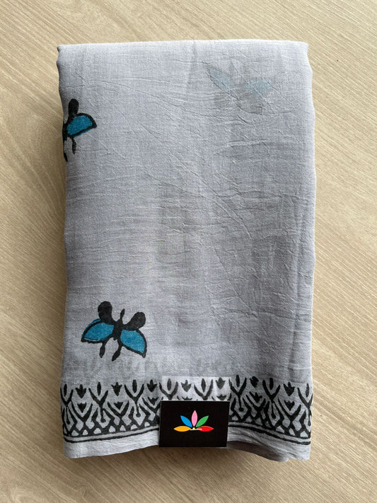 Gray Printed Mul Cotton Saree (Without blouse)-31028